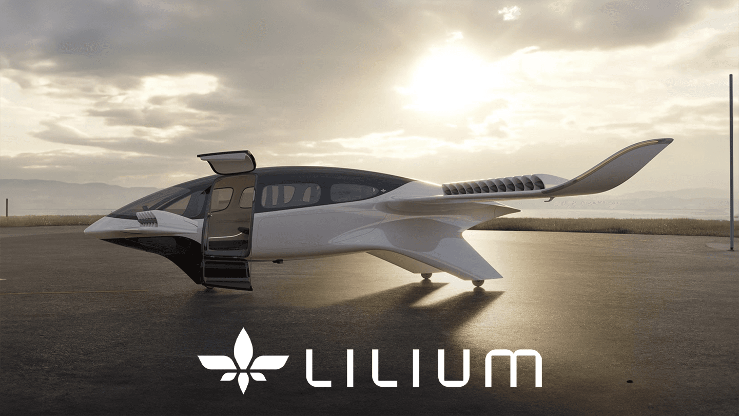 Lilium Jet eVTOL air taxi in flight over a city, designed by Lilium GmbH for emission-free urban transport