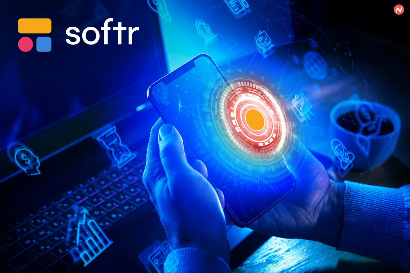 Softr no-code app builder interface with drag-and-drop elements for building custom business applications