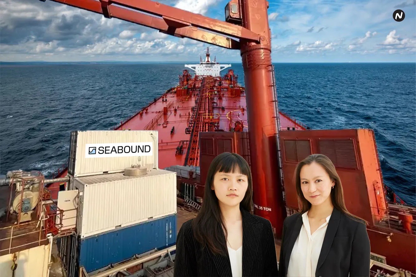 Seabound's carbon capture system on a ship, converting CO₂ into carbonate pebbles for offloading at ports