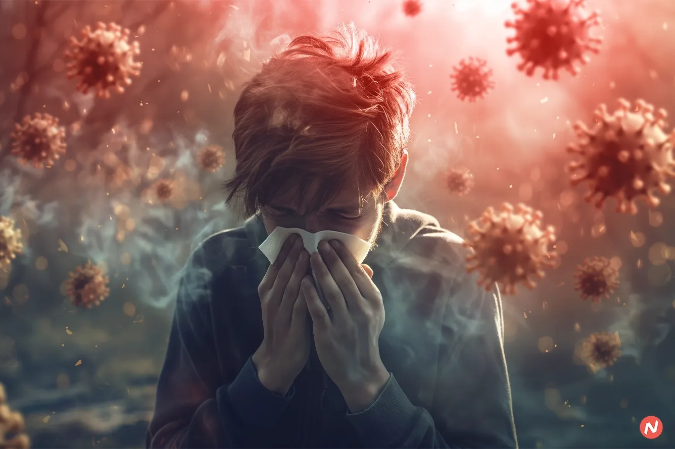 Medical illustration of disease-carrying mosquitoes and virus particles against a backdrop of a modern city