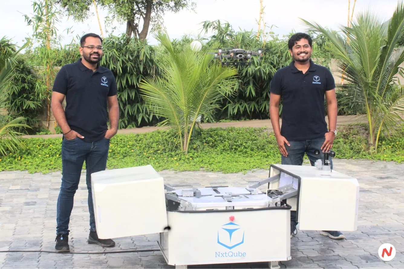 NxtQube co-founder and CEO Nikhil Rajput with the company's universal drone docking station for autonomous aerial operations