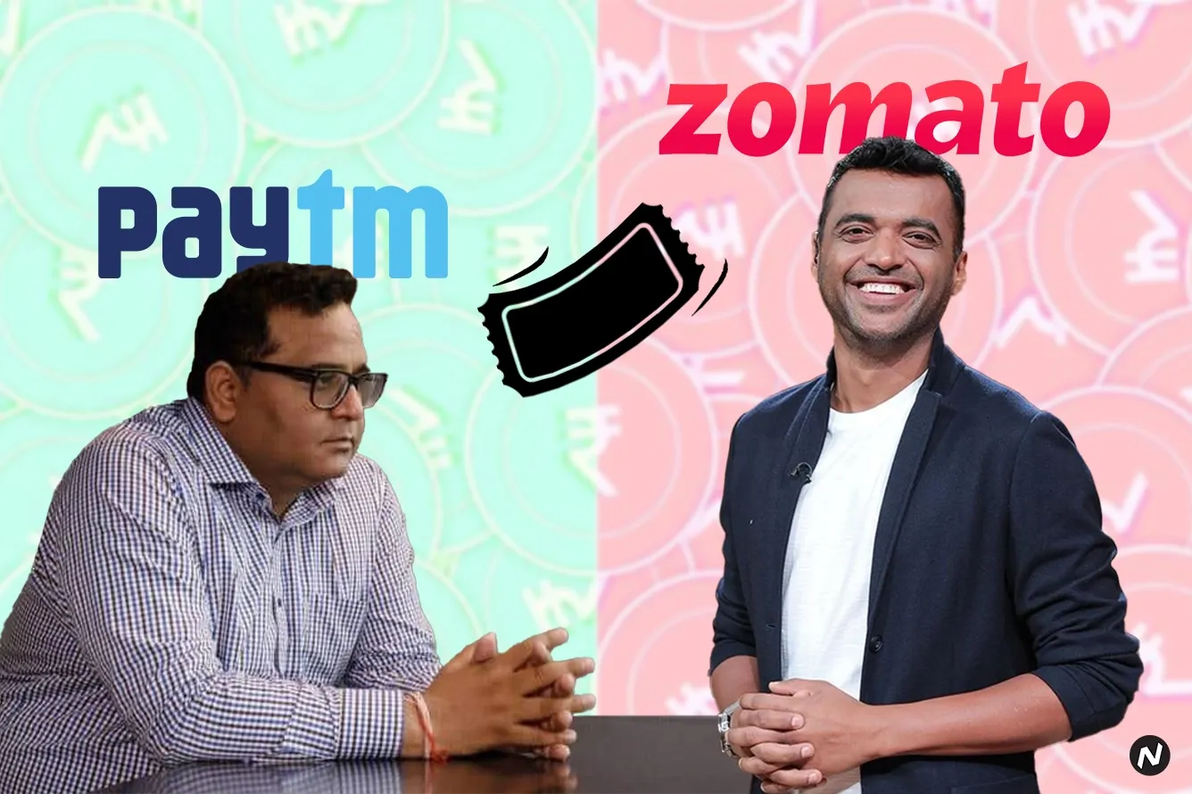 Paytm and Zomato logos; Paytm sells entertainment ticketing business TicketNew and Insider to Zomato for ₹2,048 crore