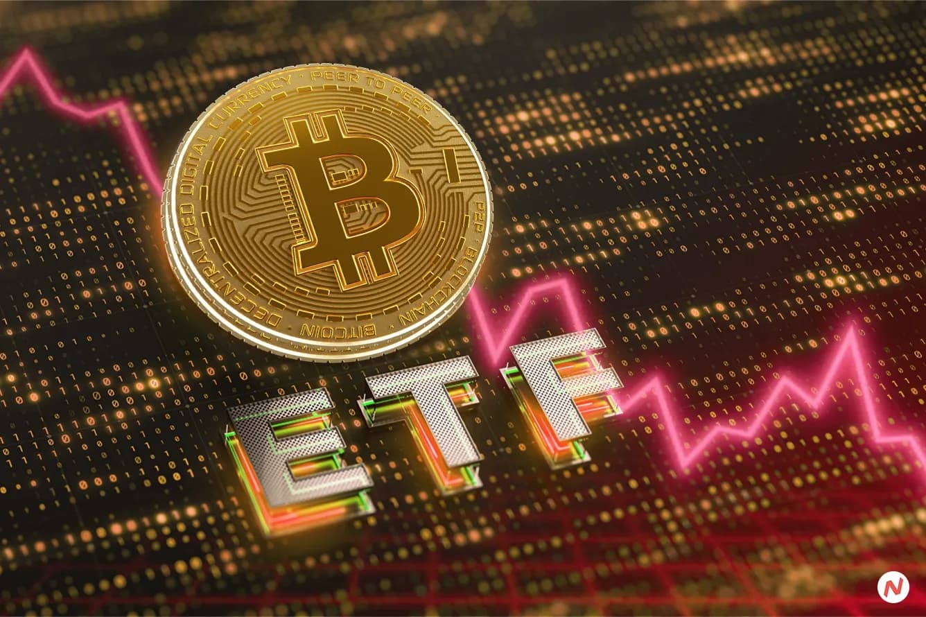 Bitcoin and Ethereum spot ETFs with stock market charts, showing five-day outflow trend and crypto market slump