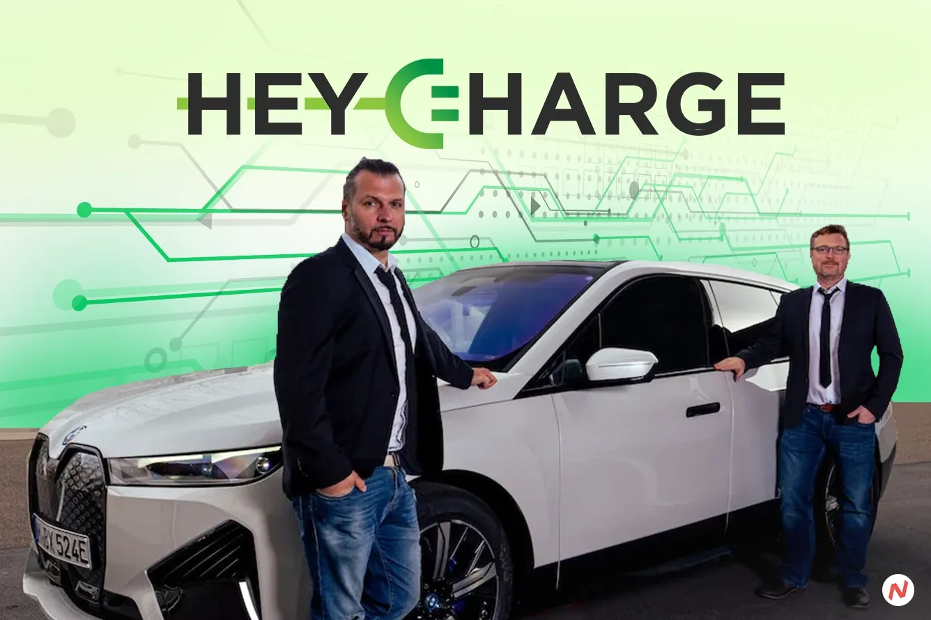 HeyCharge co-founders Chris Cardé and Robert Lasowski with their EV charging solution