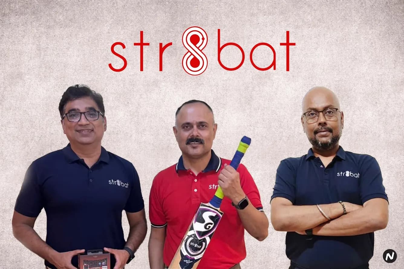 Str8bat co-founders Gagan Daga, Rahul Nagar, and Madhusudan R with the cricket bat sensor device
