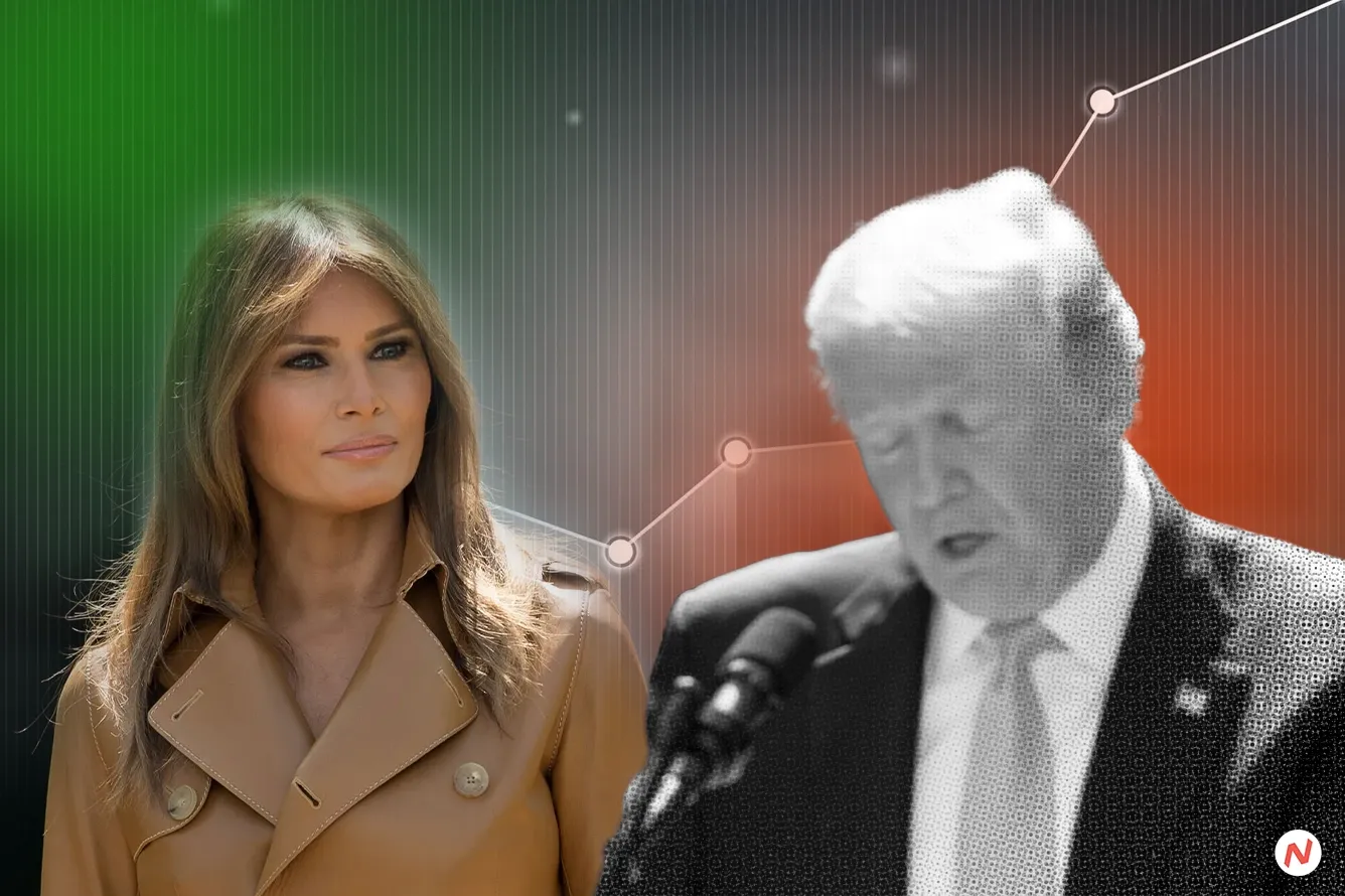 Melania Trump and Donald Trump memecoins with cryptocurrency charts showing a crash