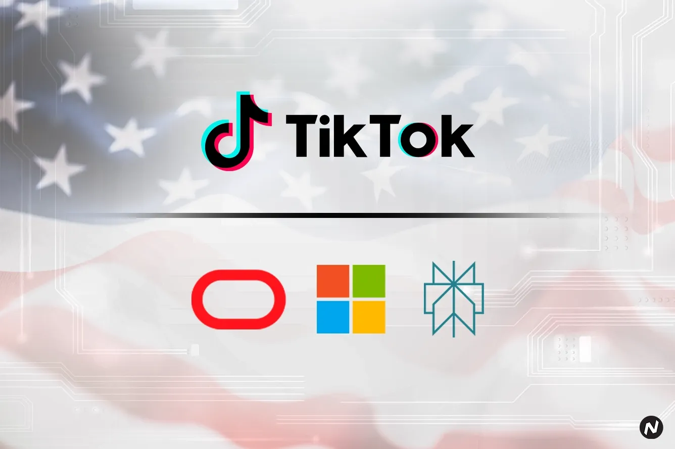 Logos of Oracle, Microsoft, and Perplexity AI with TikTok app icon