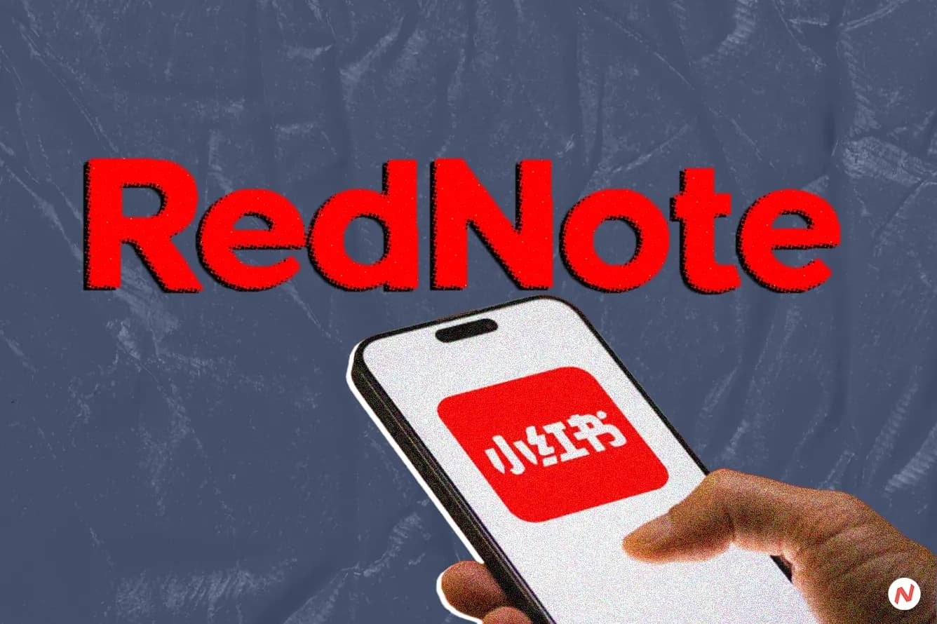 RedNote app logo with warning symbols, depicting fake foreigner scam trend