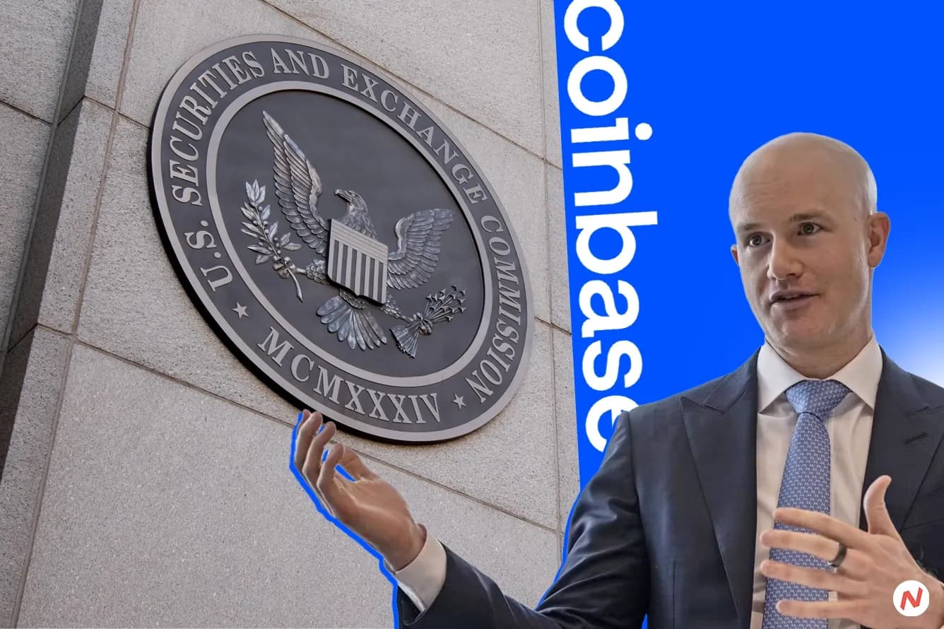 Coinbase logo and SEC building, representing the dropped lawsuit and shift in crypto regulation