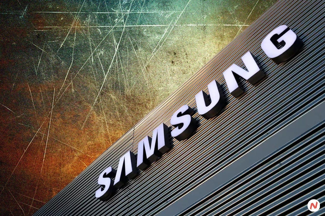 Samsung logo with Indian currency and telecom equipment, highlighting tariff evasion allegations
