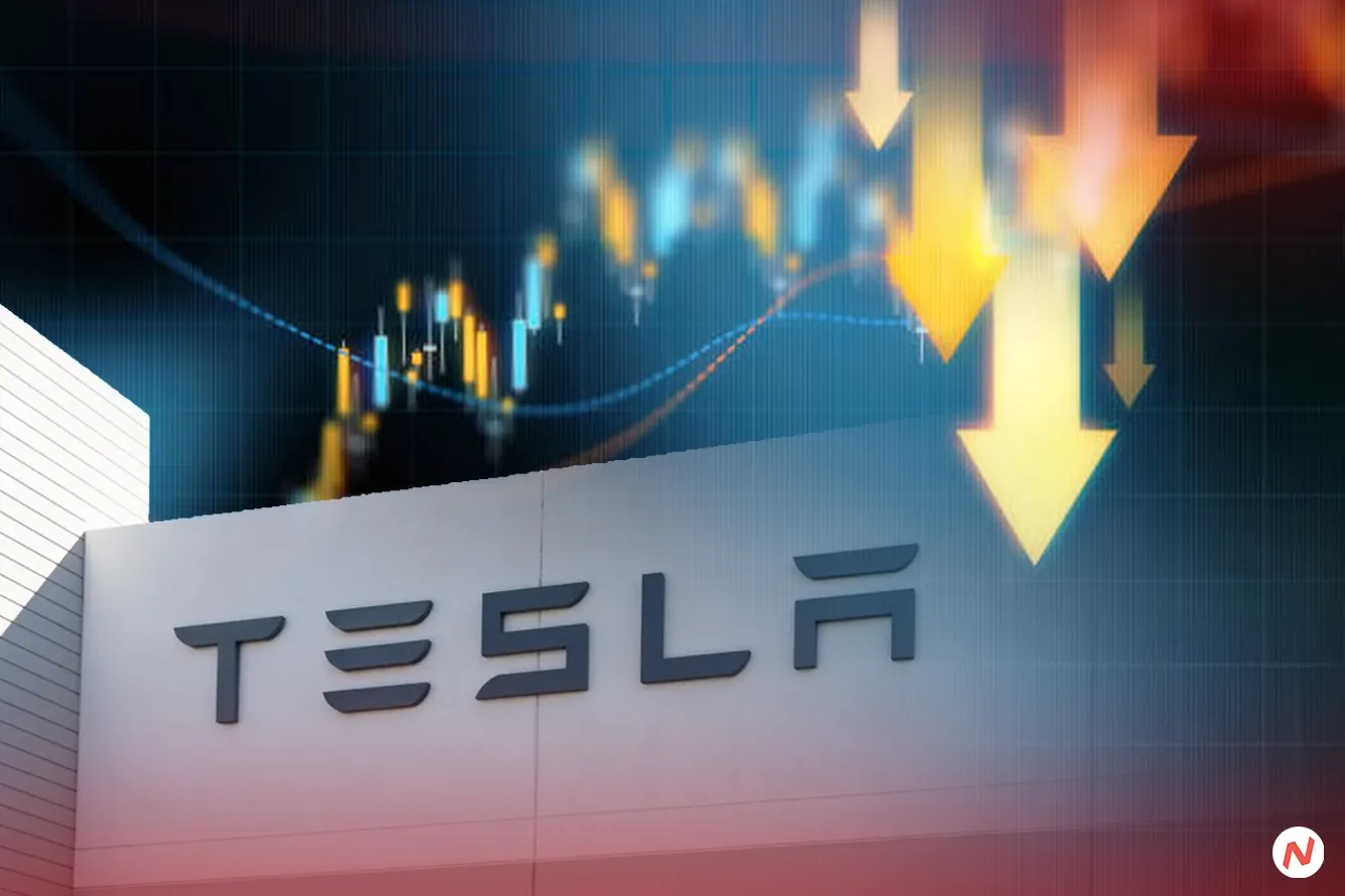 Tesla stock price chart showing sharp decline with company logo