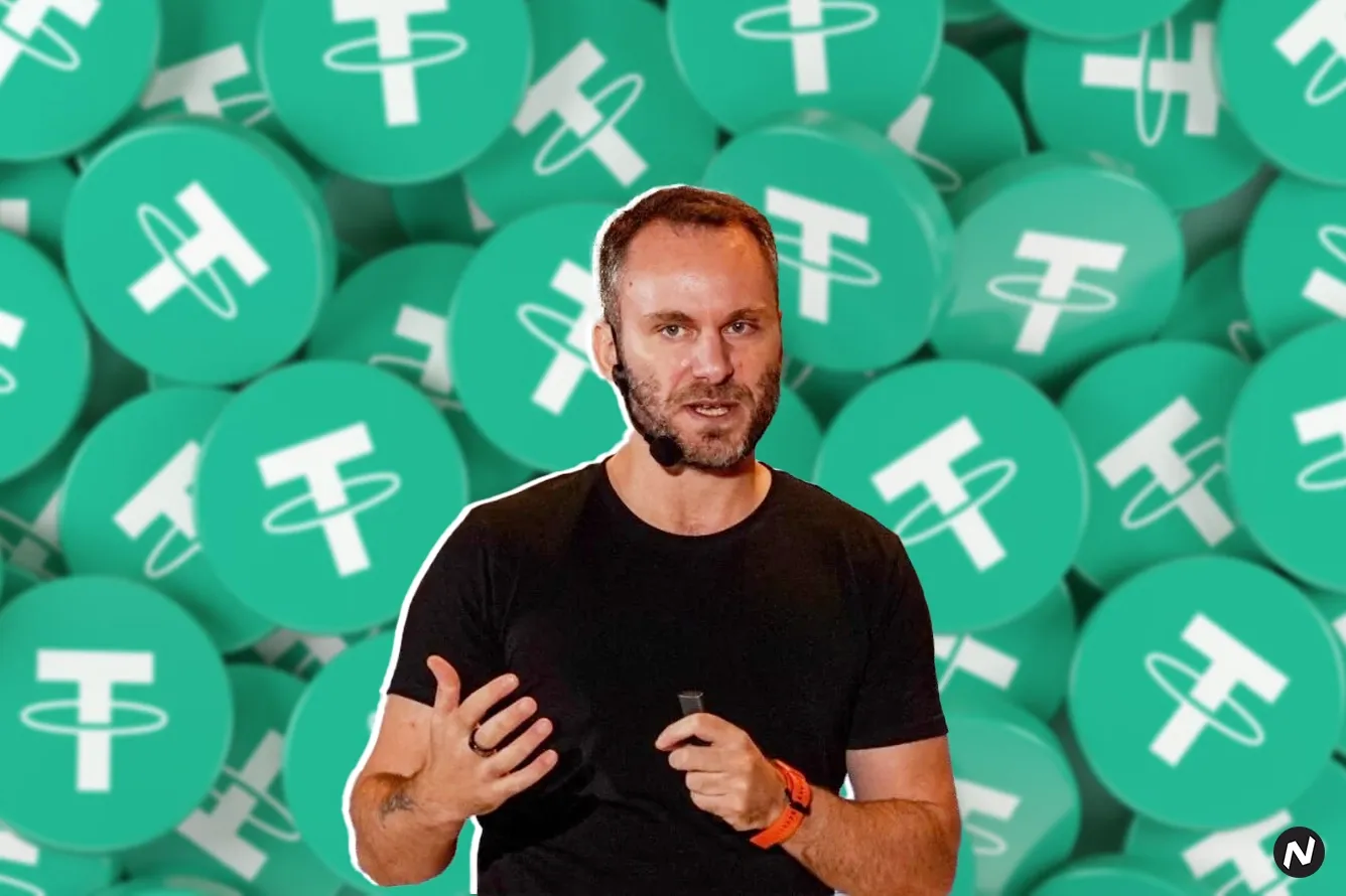 CEO Paolo Ardoino and Tether logo, with the U.S. Capitol building in background, representing a political and corporate align