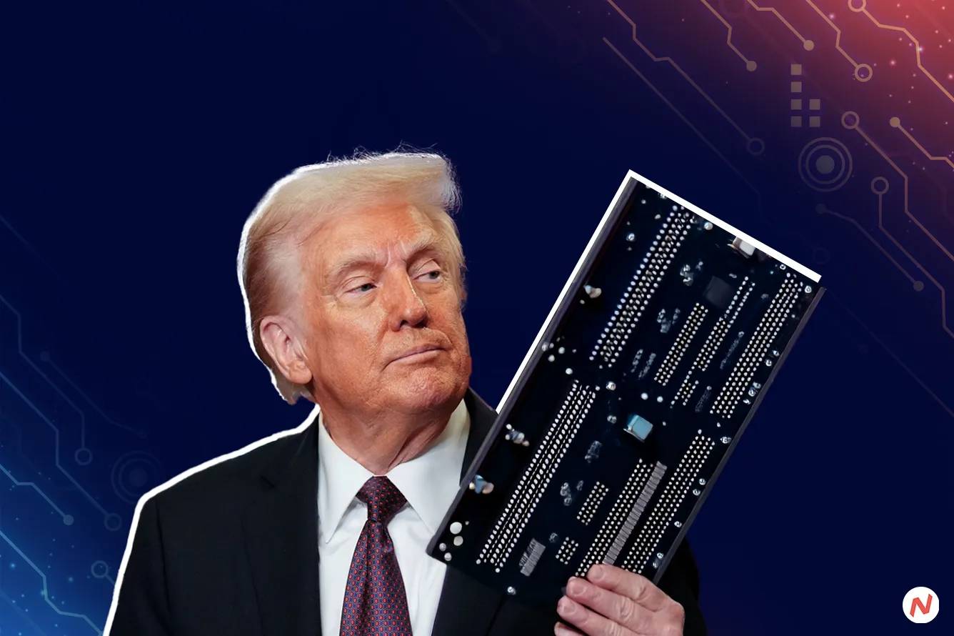 Donald Trump speaking at a podium, criticizing the CHIPS Act subsidies for semiconductor manufacturing