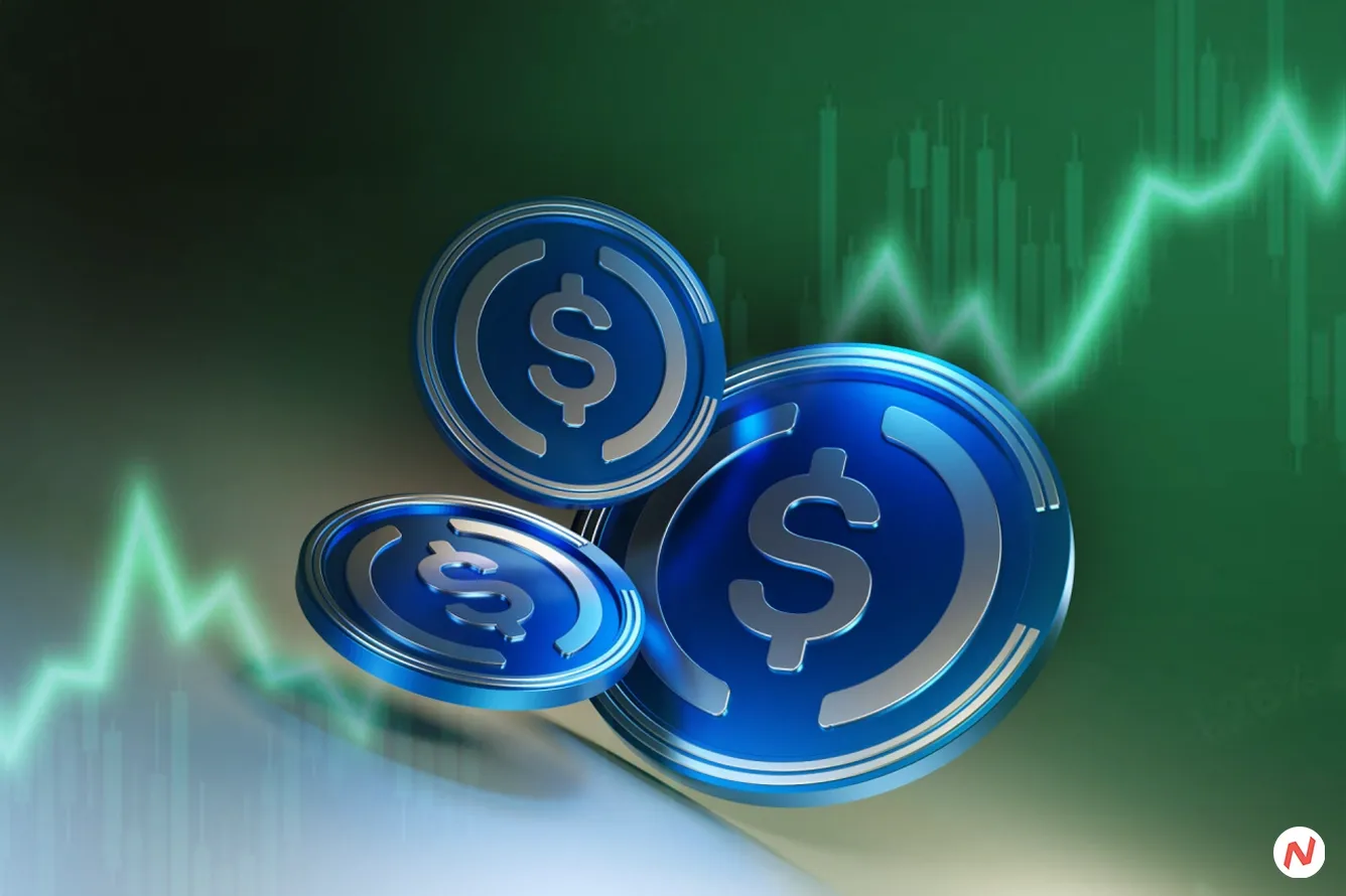 USDC stablecoin logo with USD Coin market capitalization chart reaching all-time high