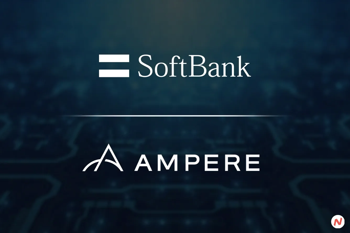 SoftBank logo and Ampere Computing chip imagery representing the $6.5 billion acquisition deal