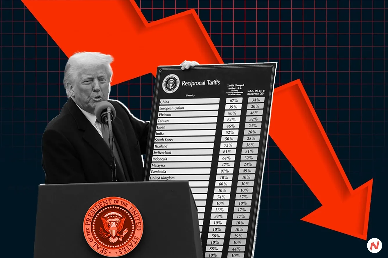 Stock market graph plunging amid Trump tariff announcement causing global selloff