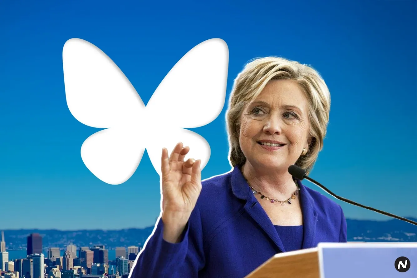 Hillary Clinton and Bluesky logo: former Secretary of State joins decentralized social media platform