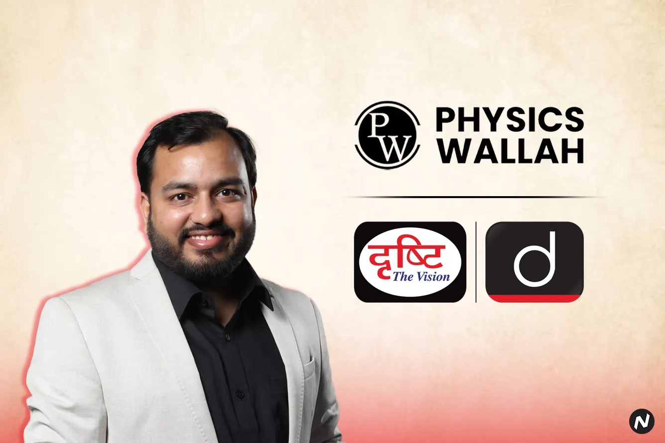 PhysicsWallah and Drishti IAS logos represent acquisition talks for UPSC exam prep market entry.