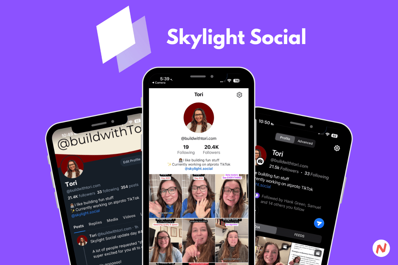 Skylight app logo and interface demonstrating AT Protocol connection with Bluesky network