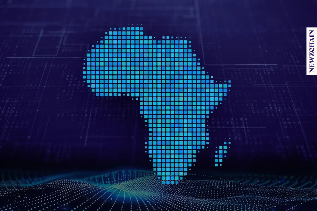 Africa map with blockchain network nodes and funding data points for Q1 2025 trends and analysis
