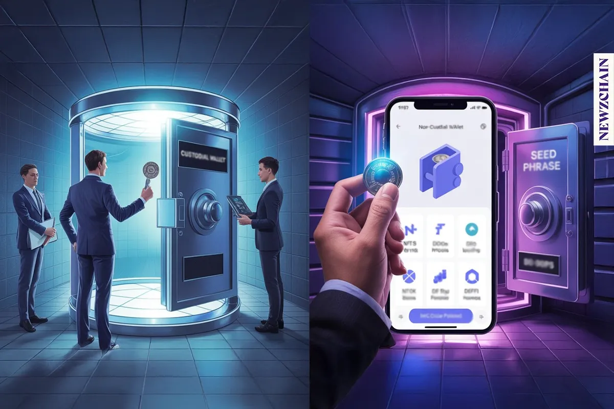 Illustration comparing custodial and non-custodial crypto wallets, emphasizing private key control and a centralised platform