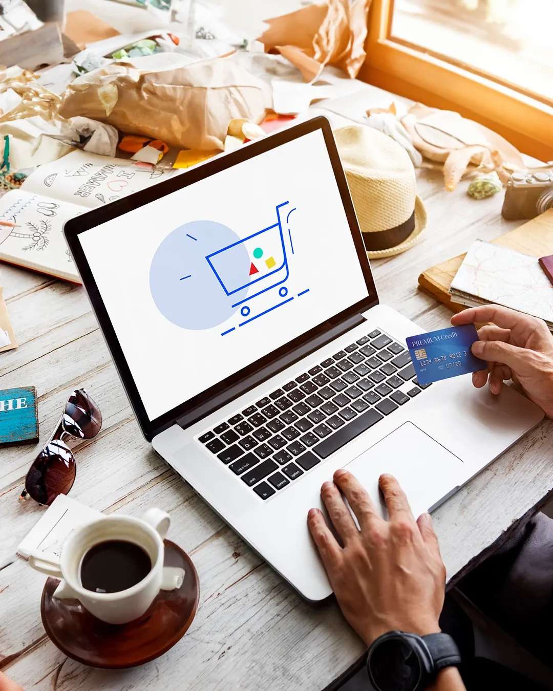 Warpfy founders Deepak Garg and Harris Cheng with a visual representing the startup's D2C e-commerce model from manufacturers