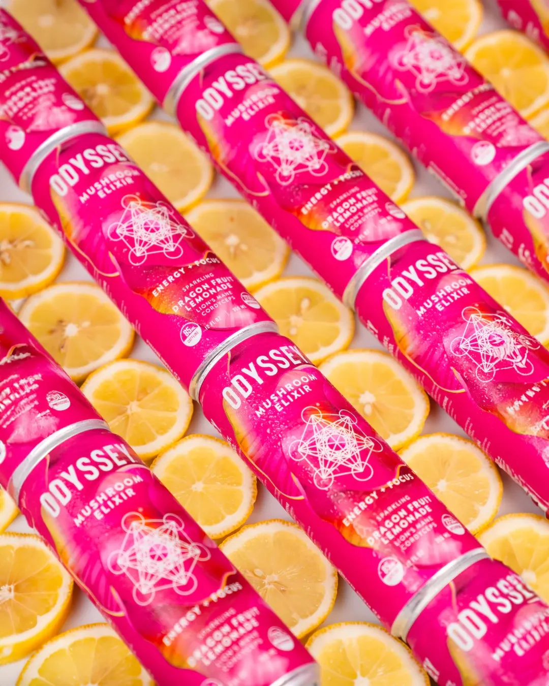 Odyssey functional energy drinks with mushrooms, featuring the 222 line and funding news