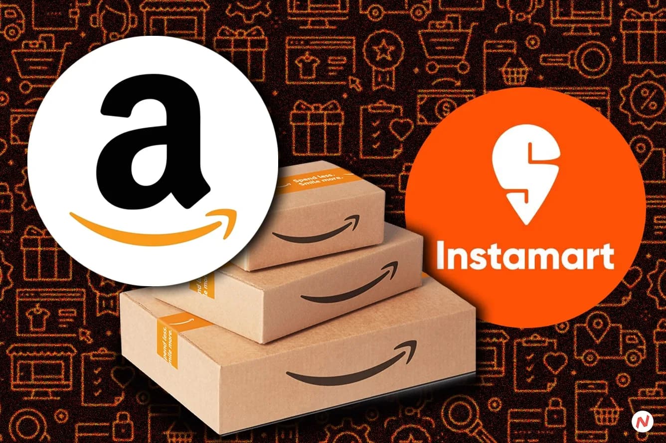 Amazon India and Swiggy Instamart logos, representing potential business deal