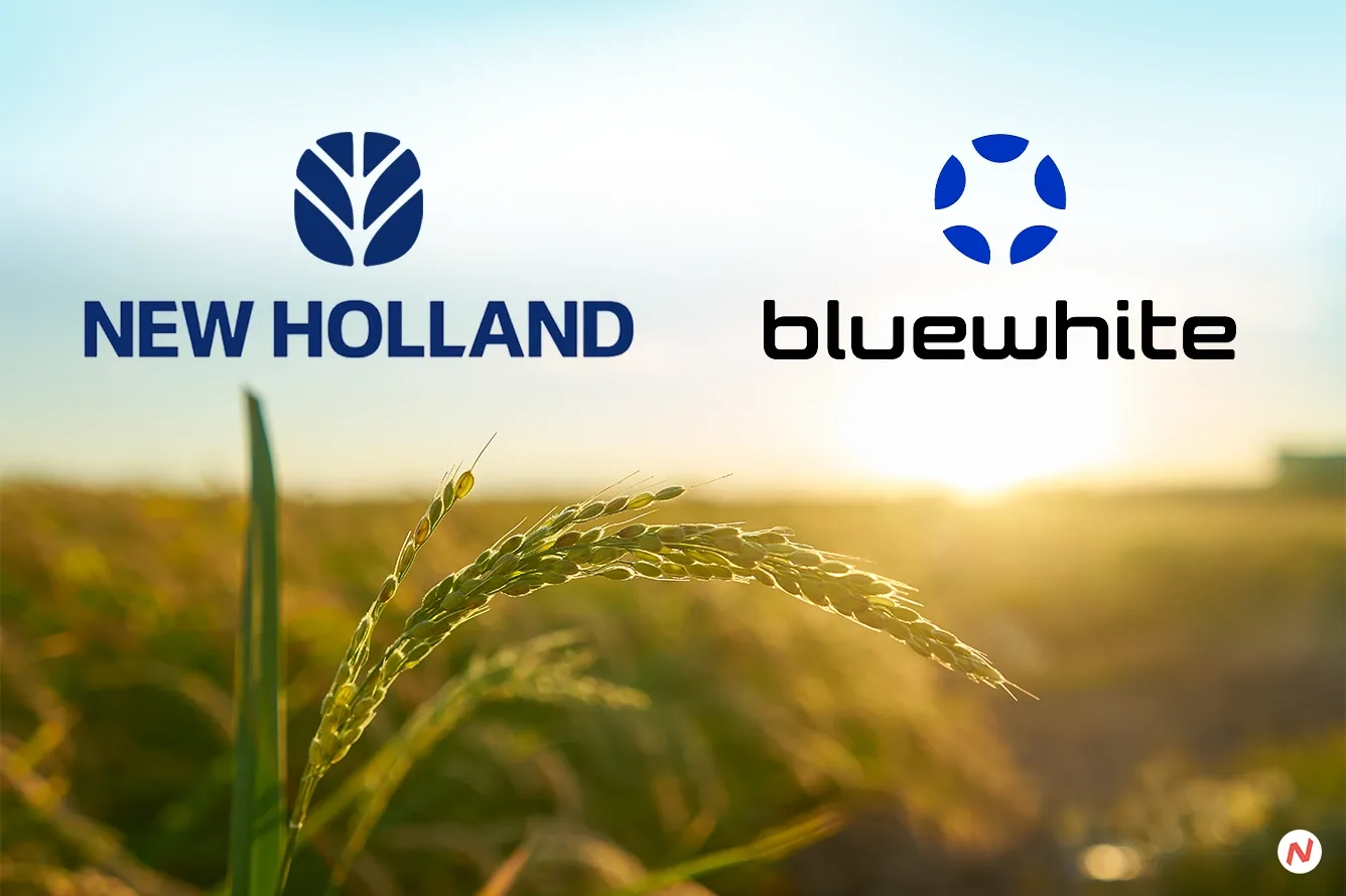 Bluewhite and New Holland logo or autonomous tractor concept for North American orchards and vineyards
