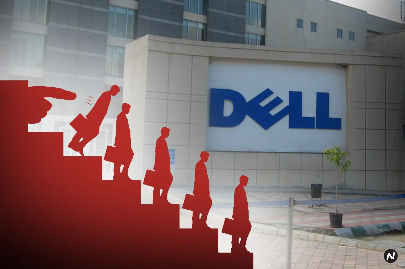Dell logo or corporate building representing the company's second major layoff wave cutting 12,500 jobs