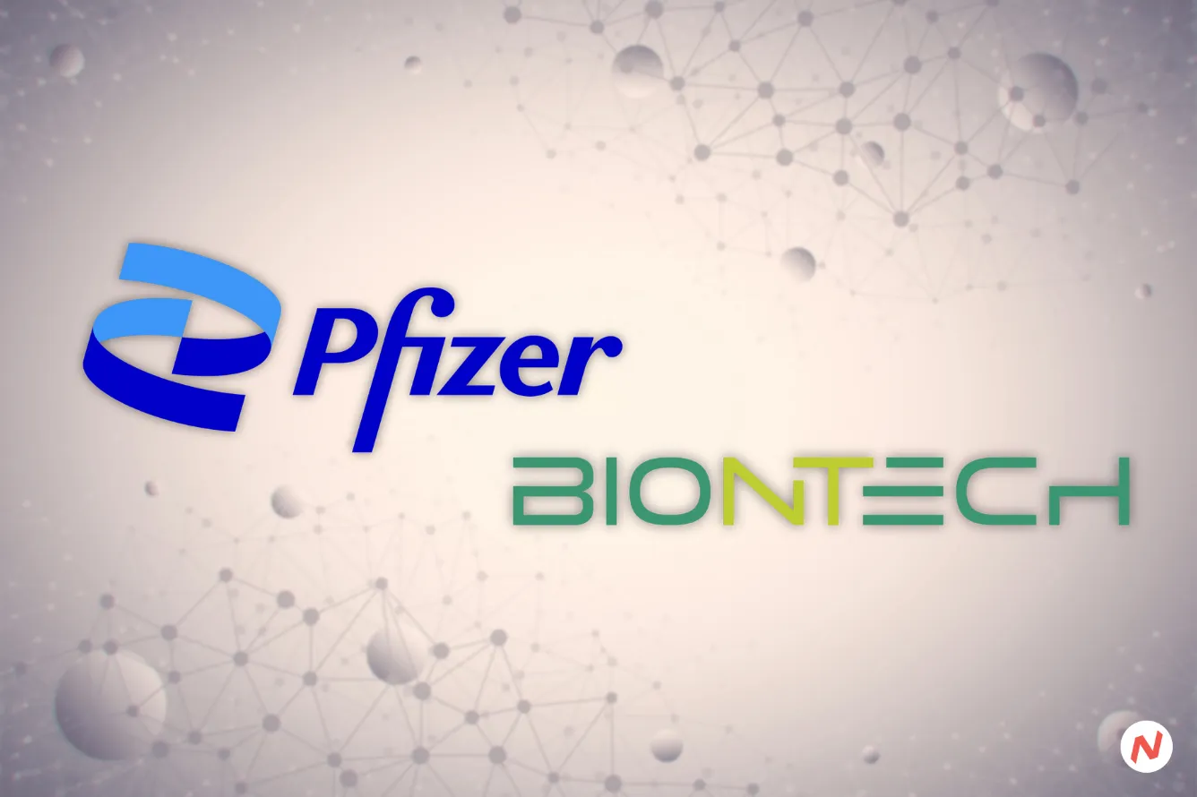 Pfizer and BioNTech logo next to a syringe and vial for their combined mRNA influenza and COVID-19 vaccine trial.