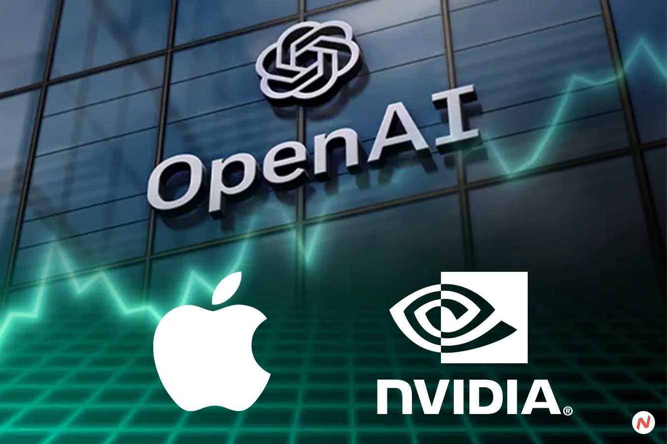 Logos of Apple, Nvidia, Microsoft, and OpenAI representing investment talks in AI company