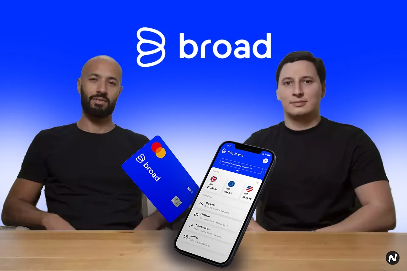 Broad fintech app interface showing multicurrency account features for Brazilians
