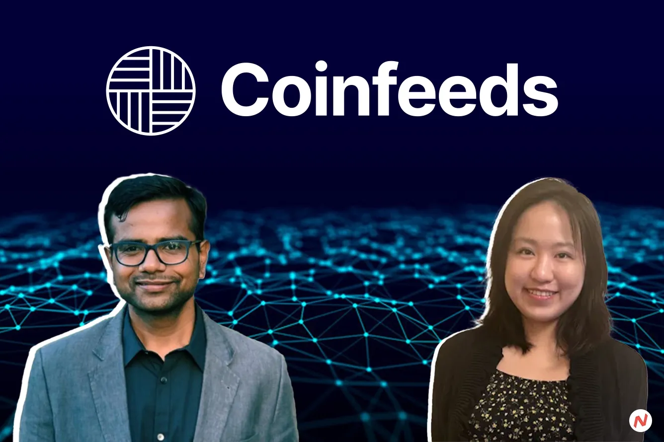 Coinfeeds co-founders Moyi Dang and Bhavya Agarwal with the platform's crypto market intelligence dashboard