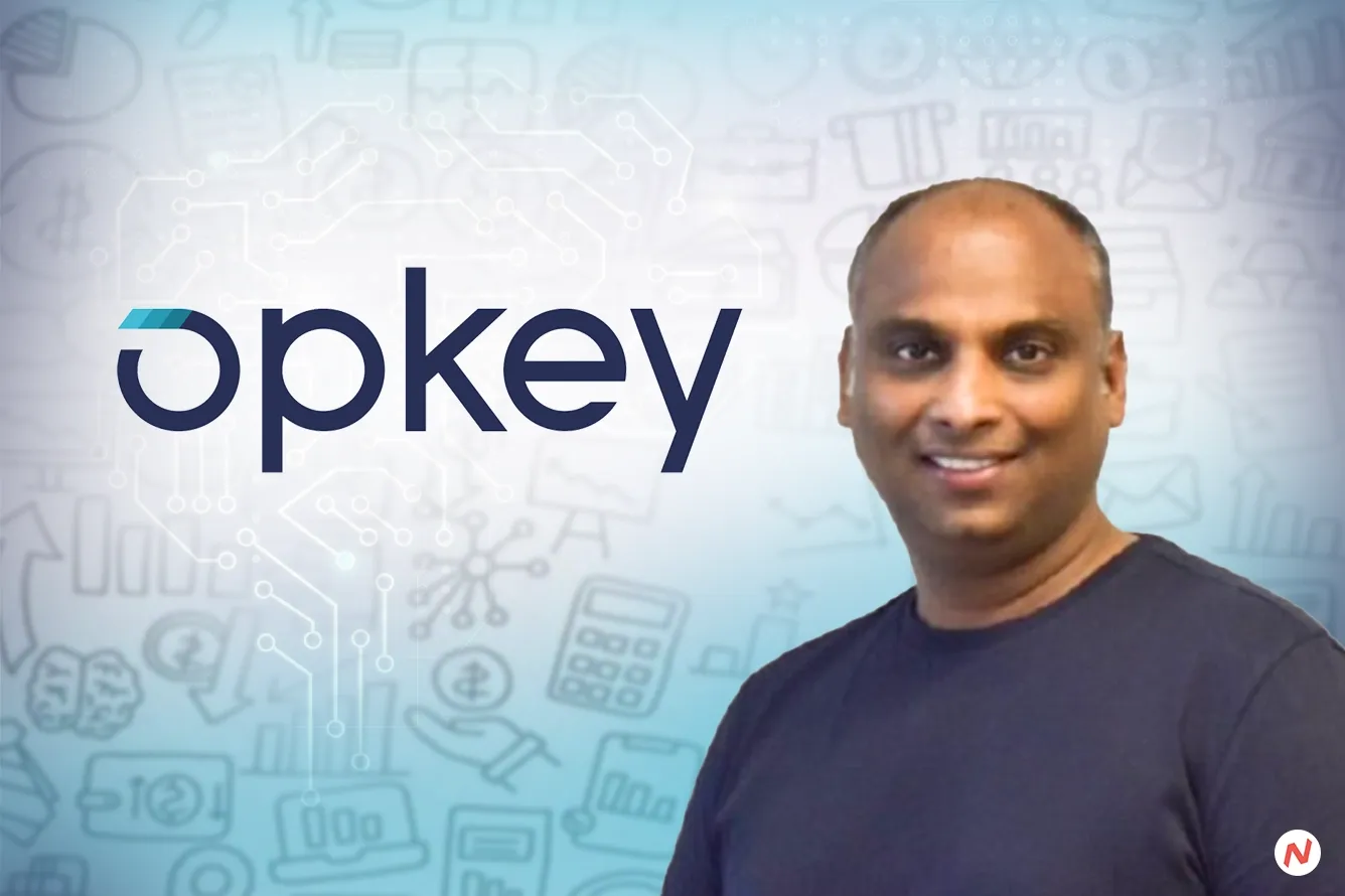 Opkey CEO and Co-founder Pankaj Goel; company logo; illustration of AI-powered ERP testing platform