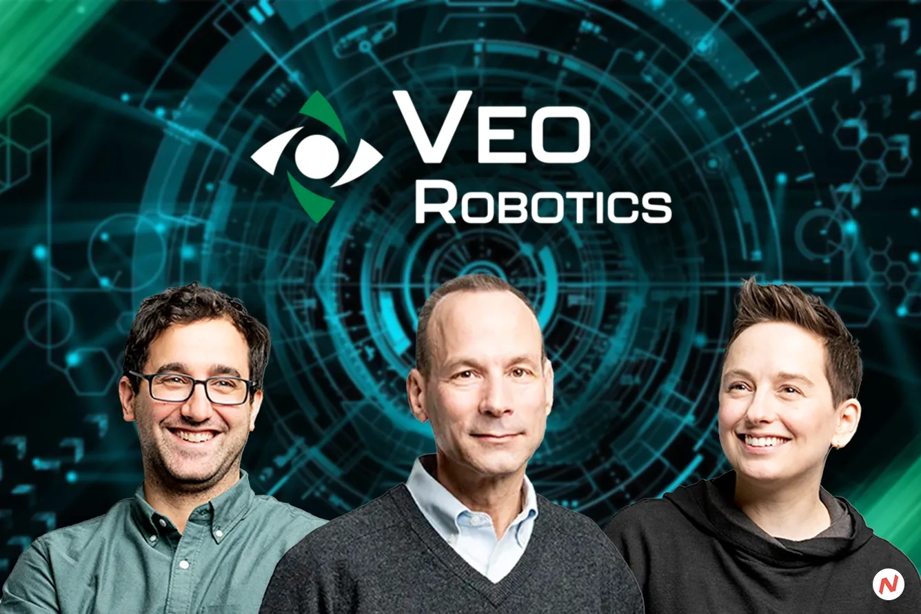 Veo Robotics co-founders Patrick Sobalvarro, Clara Vu, and Scott Denenberg with their FreeMove collaborative robotic system