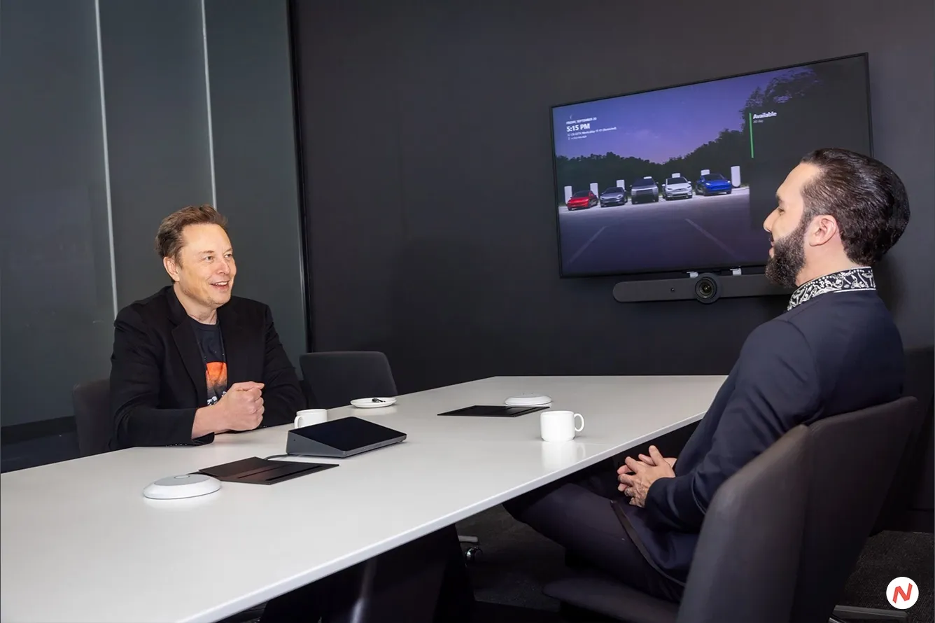 El Salvador's President Nayib Bukele meeting with Tesla CEO Elon Musk at the Tesla Gigafactory in Texas