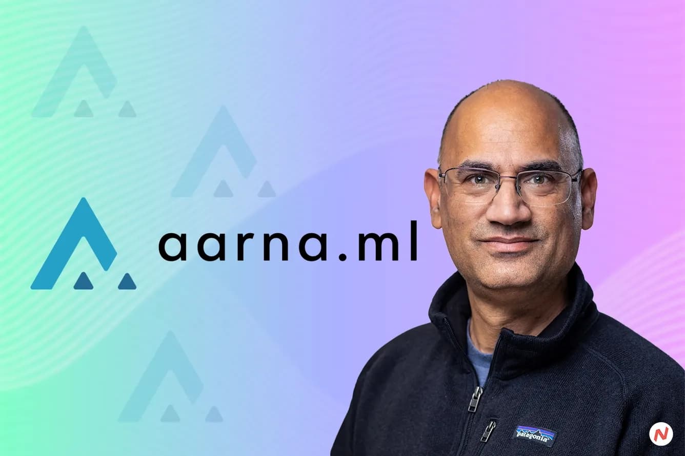 Aarna.ml co-founders Amar Kapadia and Sriram Rupanagunta; company logo and an abstract representation of multi-tenant GPU clo