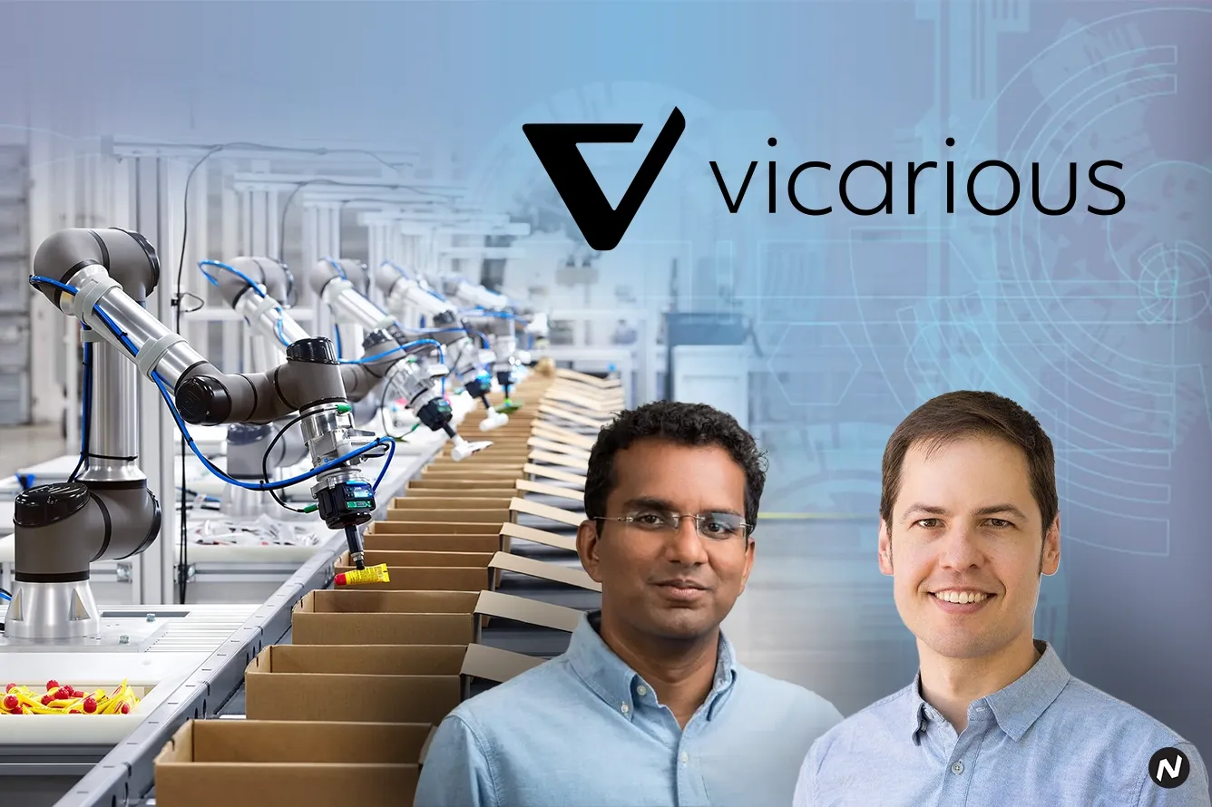 Vicarious AI founders Scott Phoenix and Dileep George with a robot, highlighting human-like intelligence and the Intrinsic ac