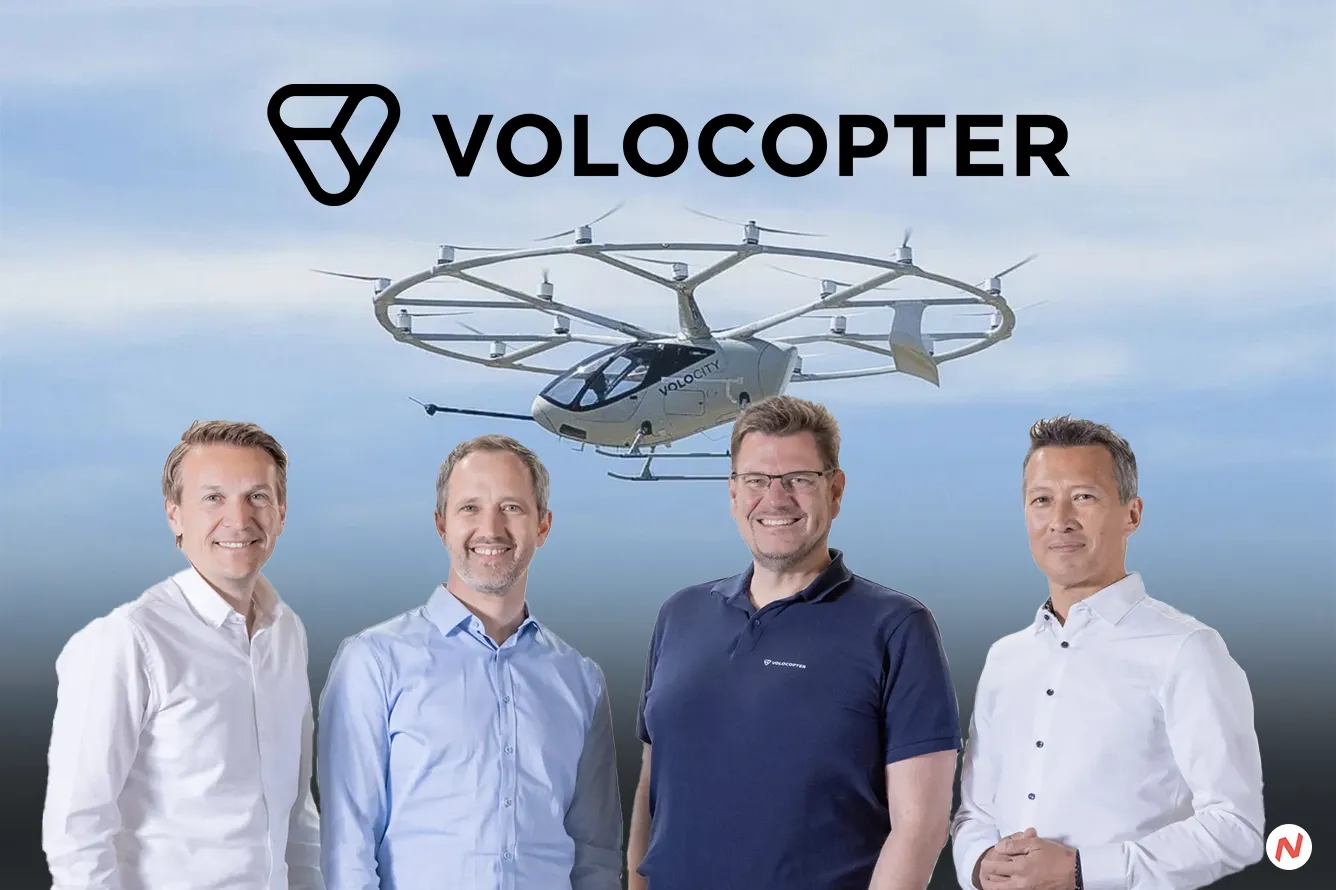 Volocopter electric air taxi eVTOL aircraft flying over a city