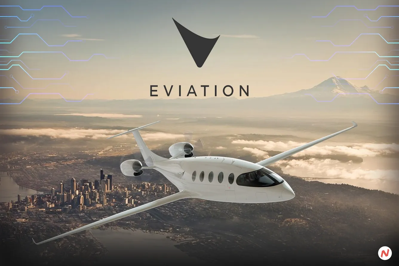 Eviation Aircraft's all-electric commuter aircraft Alice in flight, symbolizing the future of zero-emission aviation.