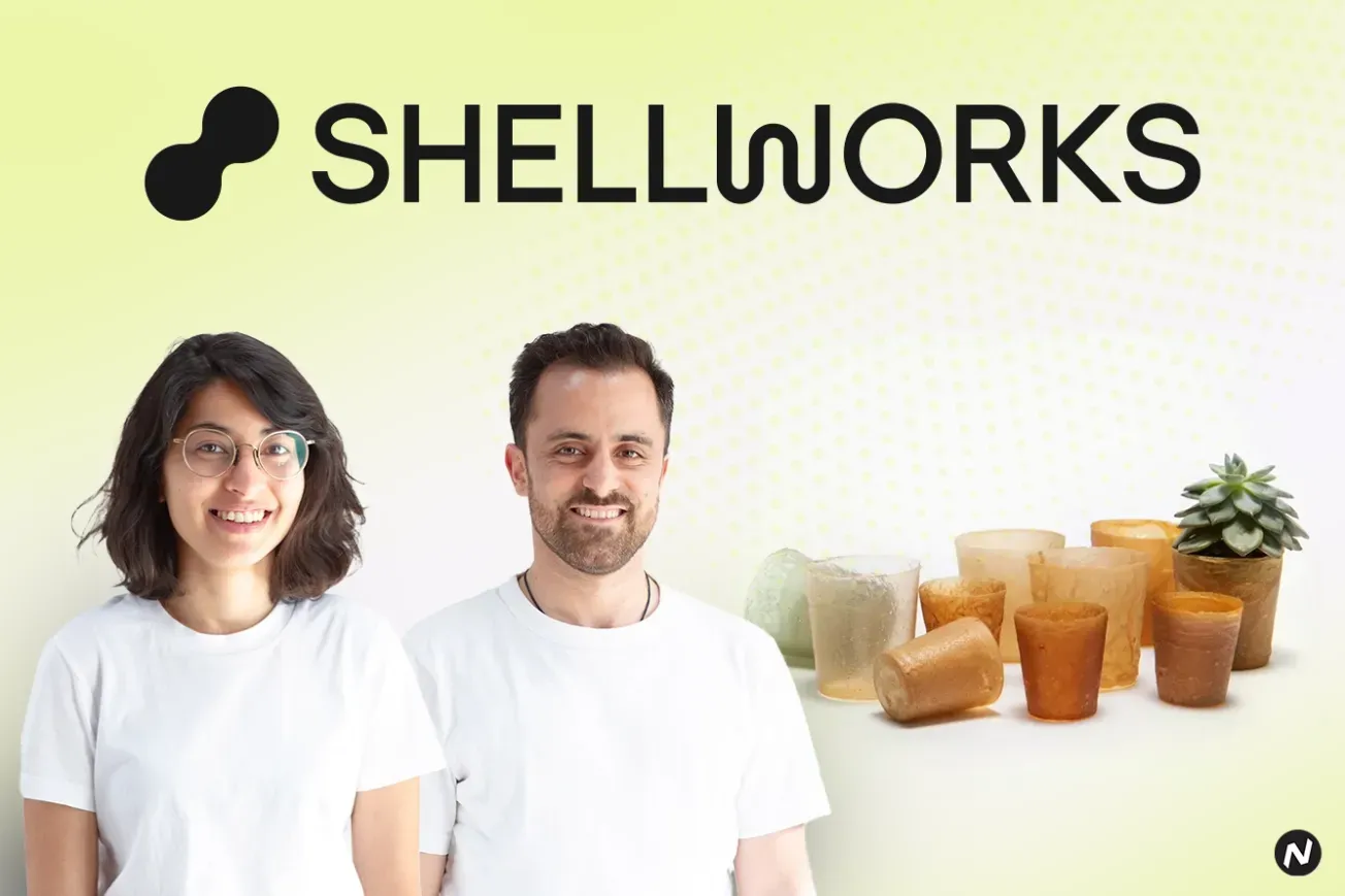 Shellworks founders Amir Afshar and Insiya Jafferjee with Vivomer, a biodegradable packaging material
