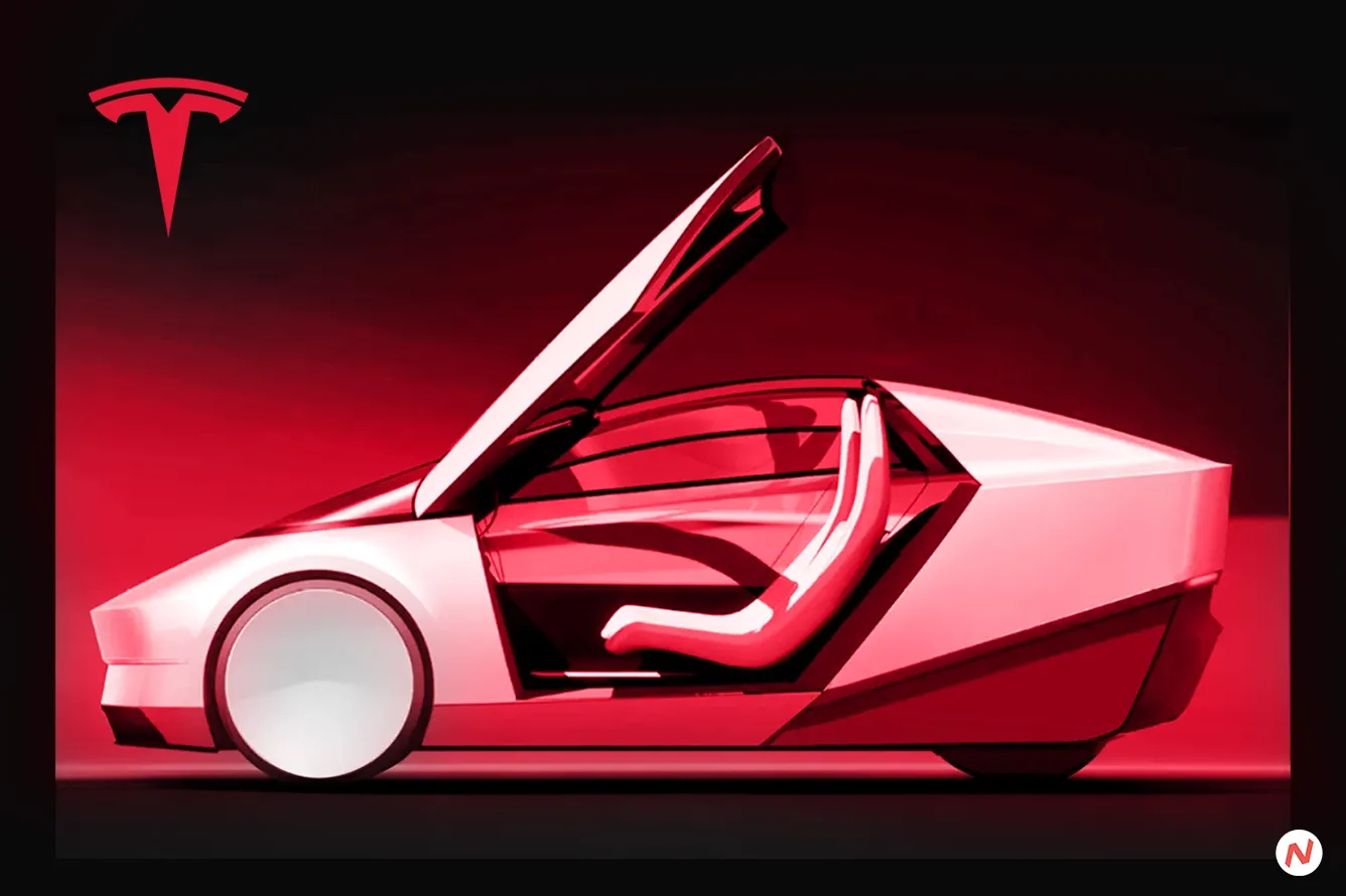 Tesla Cybercab robotaxi with butterfly-wing doors showcased at the We, Robot event in Burbank, California