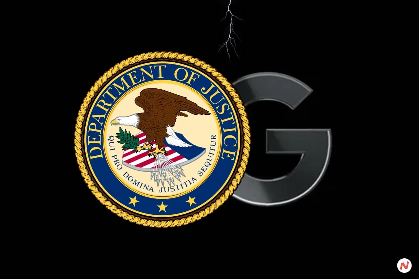 US Department of Justice building with Google logo and search bar overlay representing antitrust action