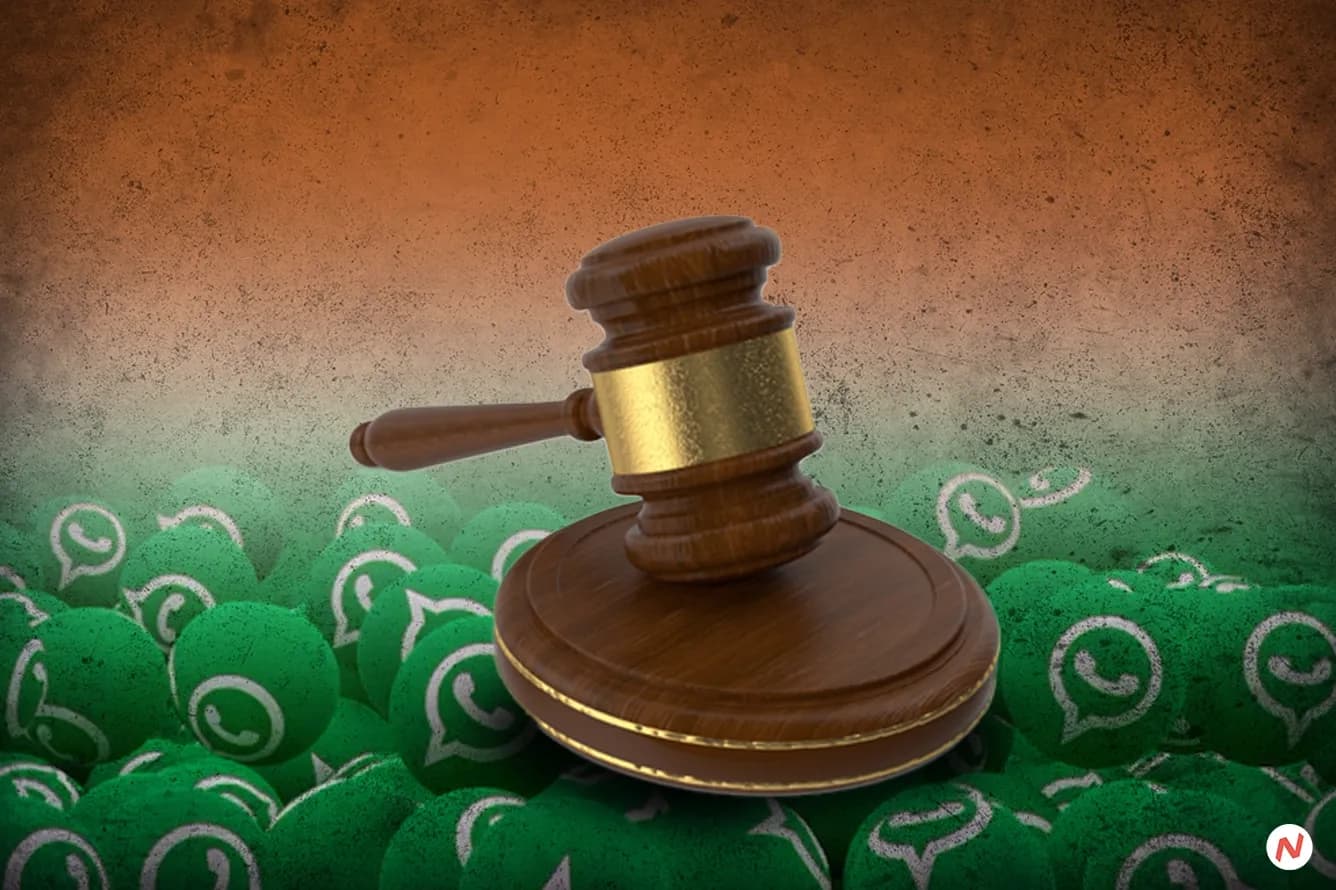 WhatsApp logo on a smartphone screen with the Competition Commission of India emblem in the background, symbolizing antitrust