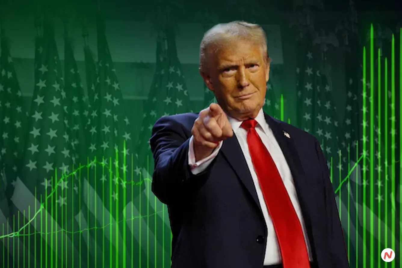 Stock market chart with Trump and Fed symbols, reflecting election and rate cut impact.