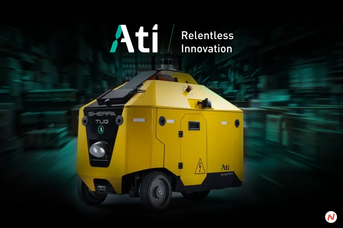 Ati Motors autonomous mobile robots deployed in a factory or warehouse setting
