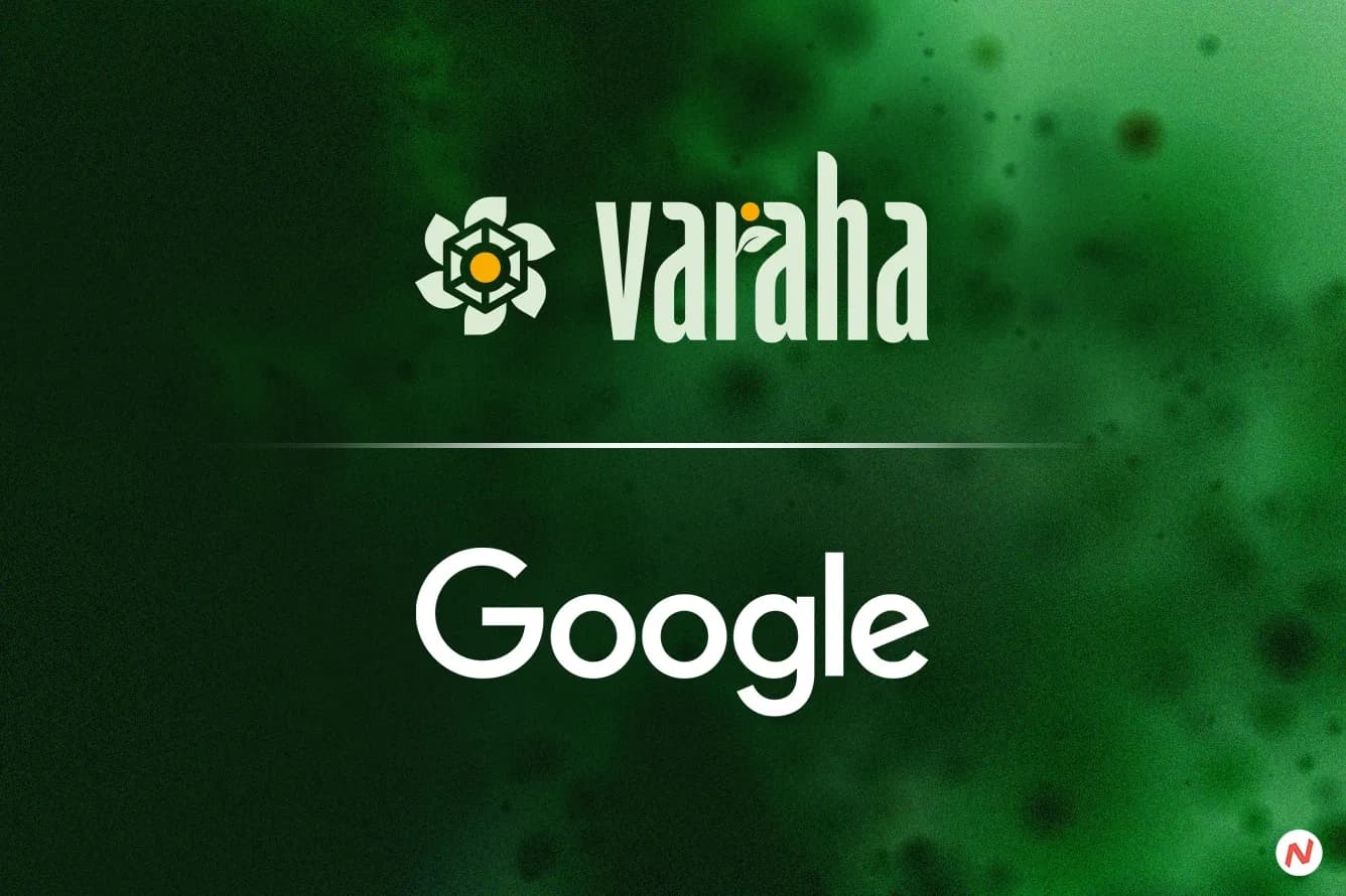 Google and Varaha logo over a biochar production site in Gujarat, India