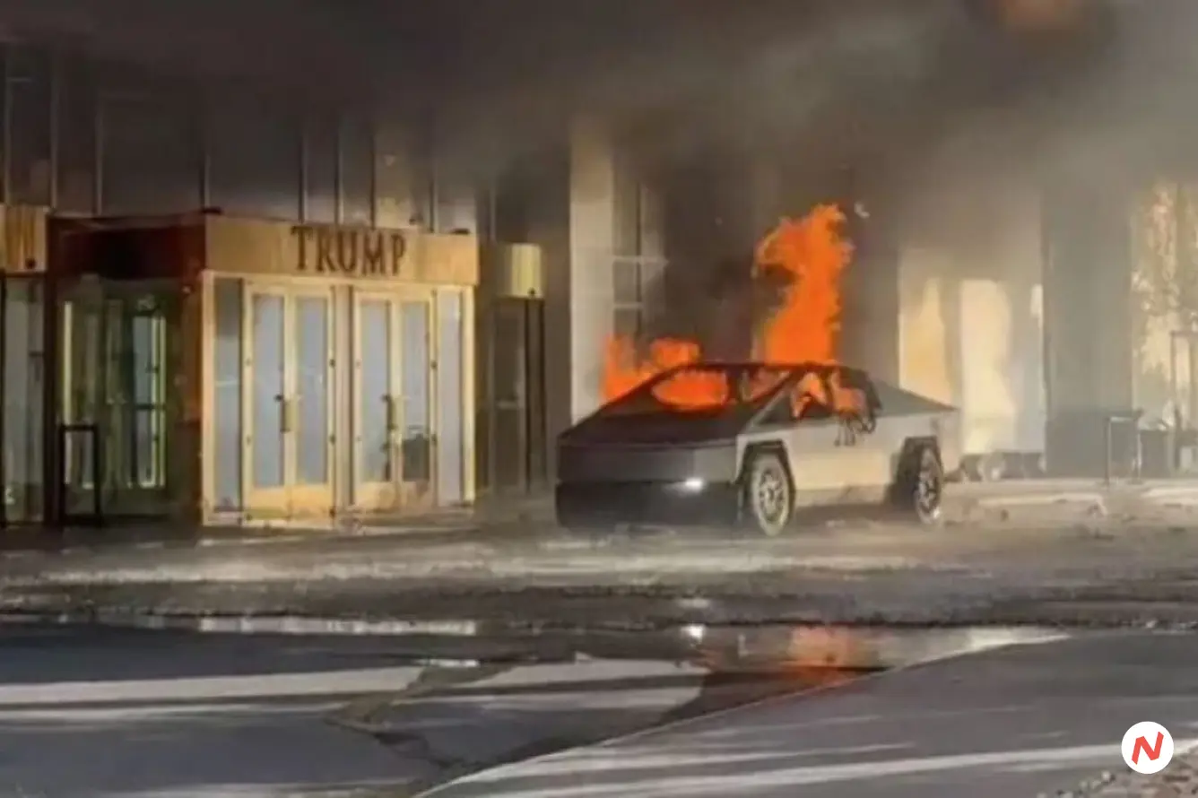A burnt Tesla Cybertruck outside the Trump International Hotel in Las Vegas after an explosion