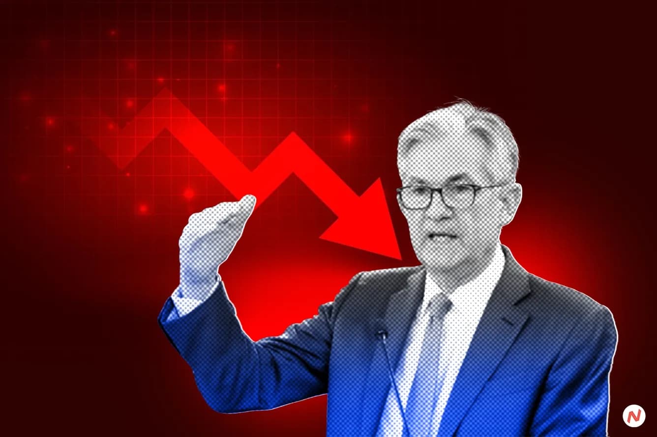 Federal Reserve building with stock market chart showing decline after interest rate decision